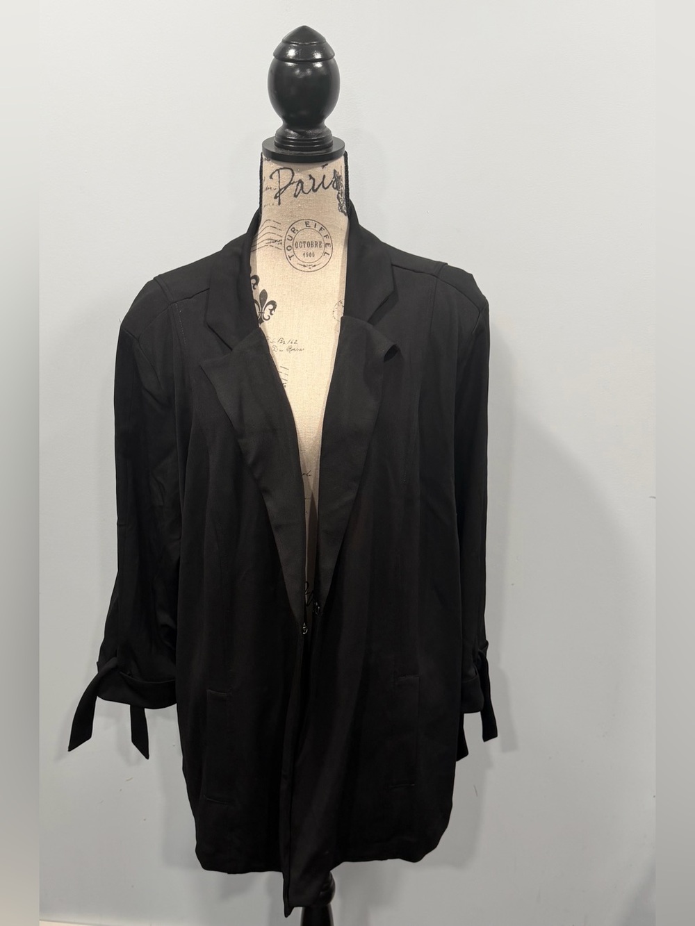 Avenue Black Long Open-Front Blazer with Sleeve Tie Accents